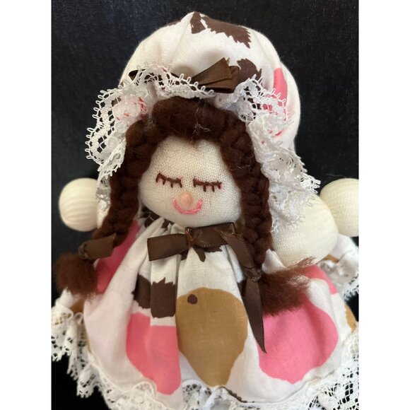 Vtg Handmade Little Girl Doll With Brown Braids With a Granny Hat Abstract Dress - Picture 2 of 7